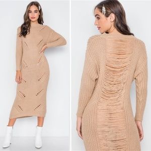 Chunky Distressed Midi Sweater Dress | Khaki